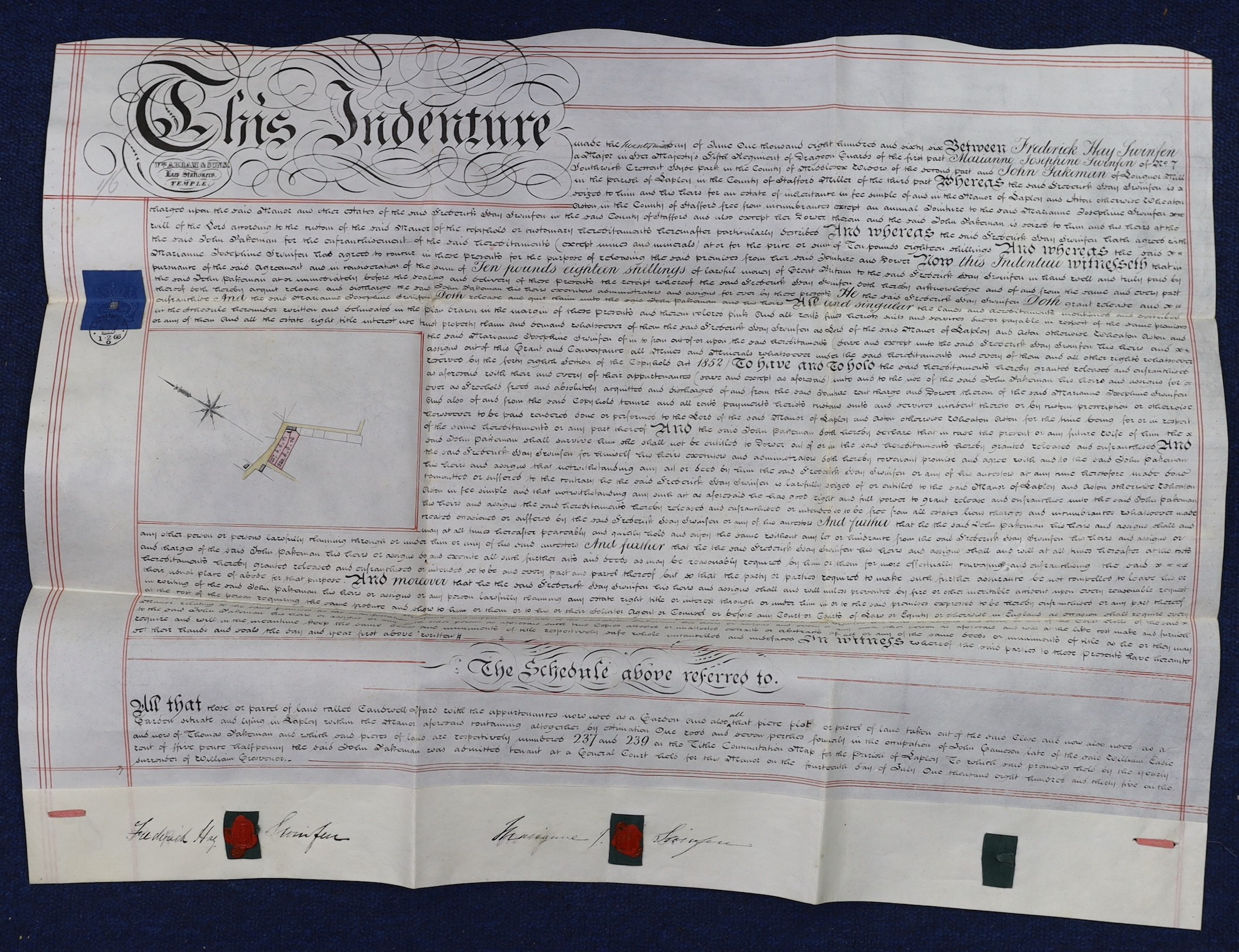 Three 19th legal documents on vellum:-The last will and testament of Thomas Osbourne, 4 leaves, dated 12th November, 1838, 65 x 72cms; Copy of a surrender of a lease, for land in the Manor of Lapley and Aston [Staffordsh